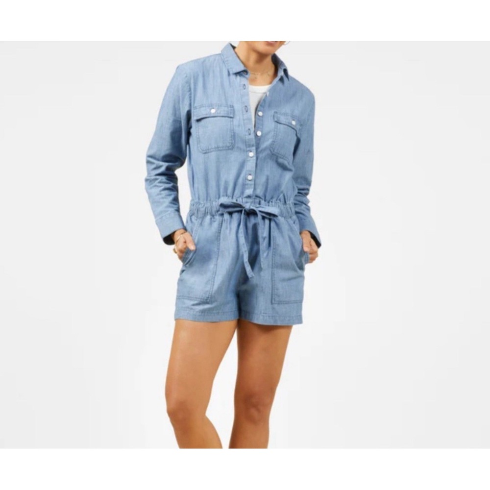 New Outerknown Benson Chambray Denim Organic Cotton Shorts Jumpsuit $188 Sz XS